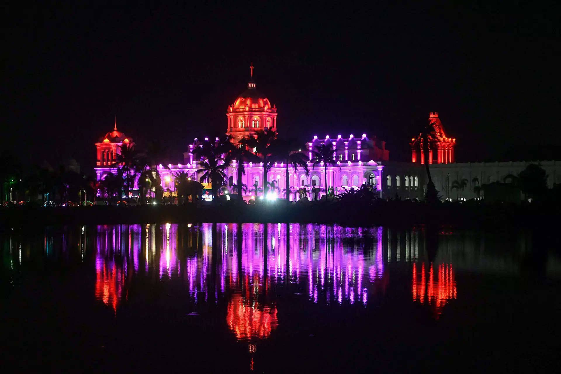 <p>Agartala: Tripura Ujjayanta Palace is illuminated ahead of the G20 programme, in Agartala. (PTI Photo)</p>