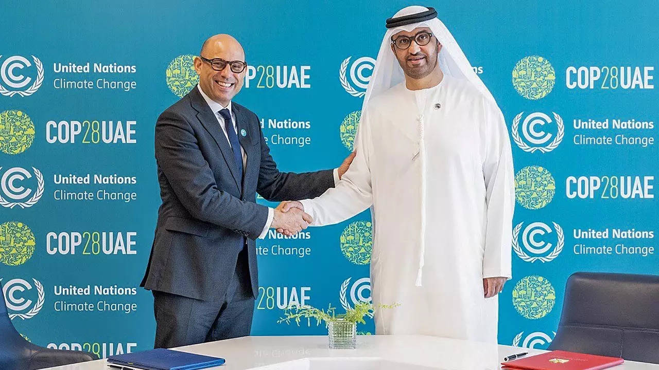 <p>COP28 president designate Sultan Al Jaber and United Nations Framework Convention on Climate Change (UNFCCC) executive secretary Simon Stiell, during a meeting in Abu Dhabi, UAE. (PTI Photo)</p>