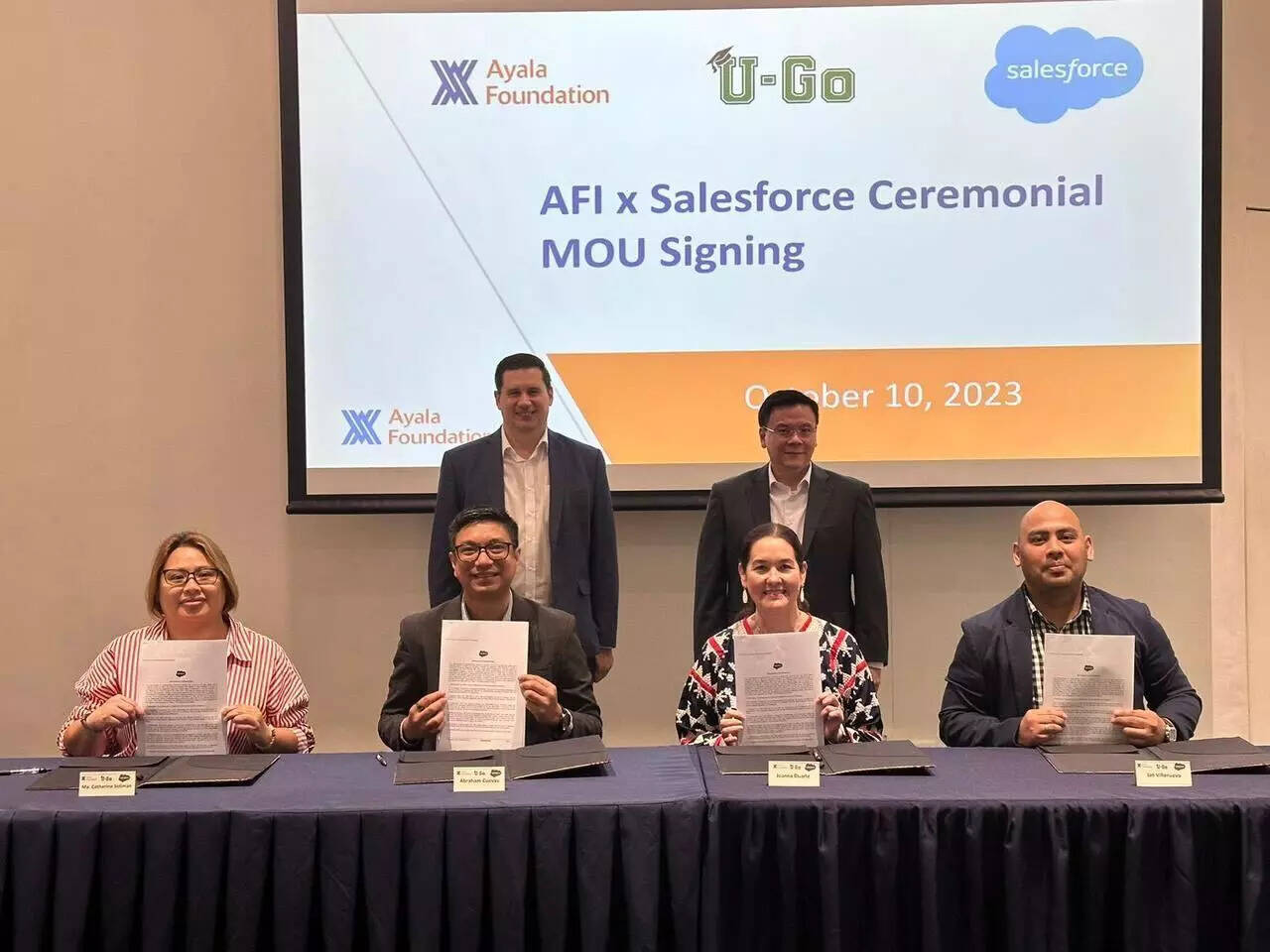 

<p>Standing (L-R): <b>Gavin Barfield</b>, VP & CTO, Solutions, Salesforce ASEAN and <b>Tony Lambino</b>, President, Ayala Foundation Inc.</p>
<p>Sitting (L-R): <b>Catherine Soliman</b>, Trailhead Academy, Salesforce, <b>Abraham Cuevas</b>, Lead, Philippines, Salesforce, <b>Joanna Duarte</b>, Senior Director for Social Development, Ayala Foundation Inc., and <b>Andrian Villanueva</b>, Senior Director for Corporate Resources Division, Ayala Foundation Inc.</p>
<p>“/><figcaption class=