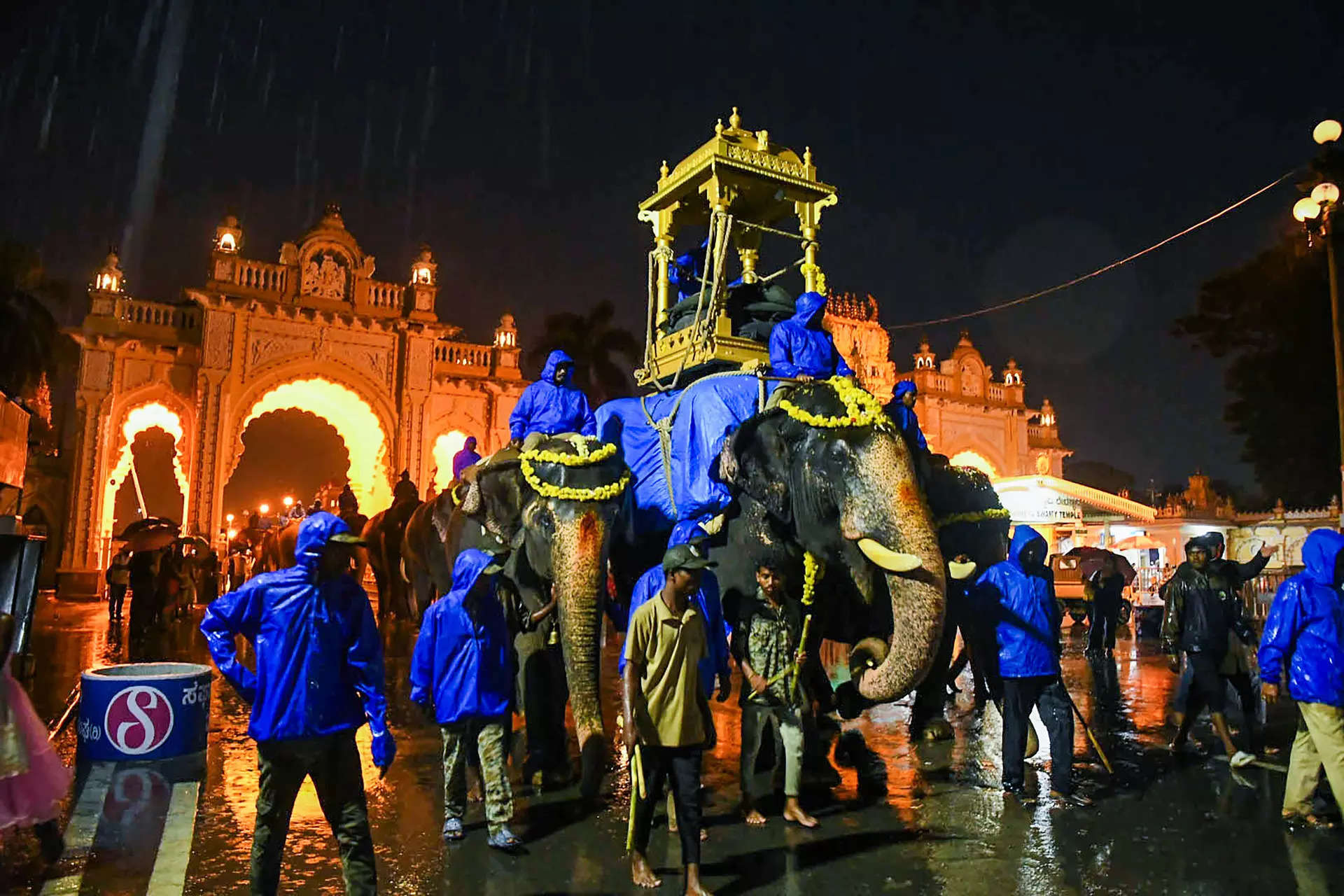 <p>Mysuru: Dasara elephants led by Abhimanyu being taken outside the Mysuru Palace</p>