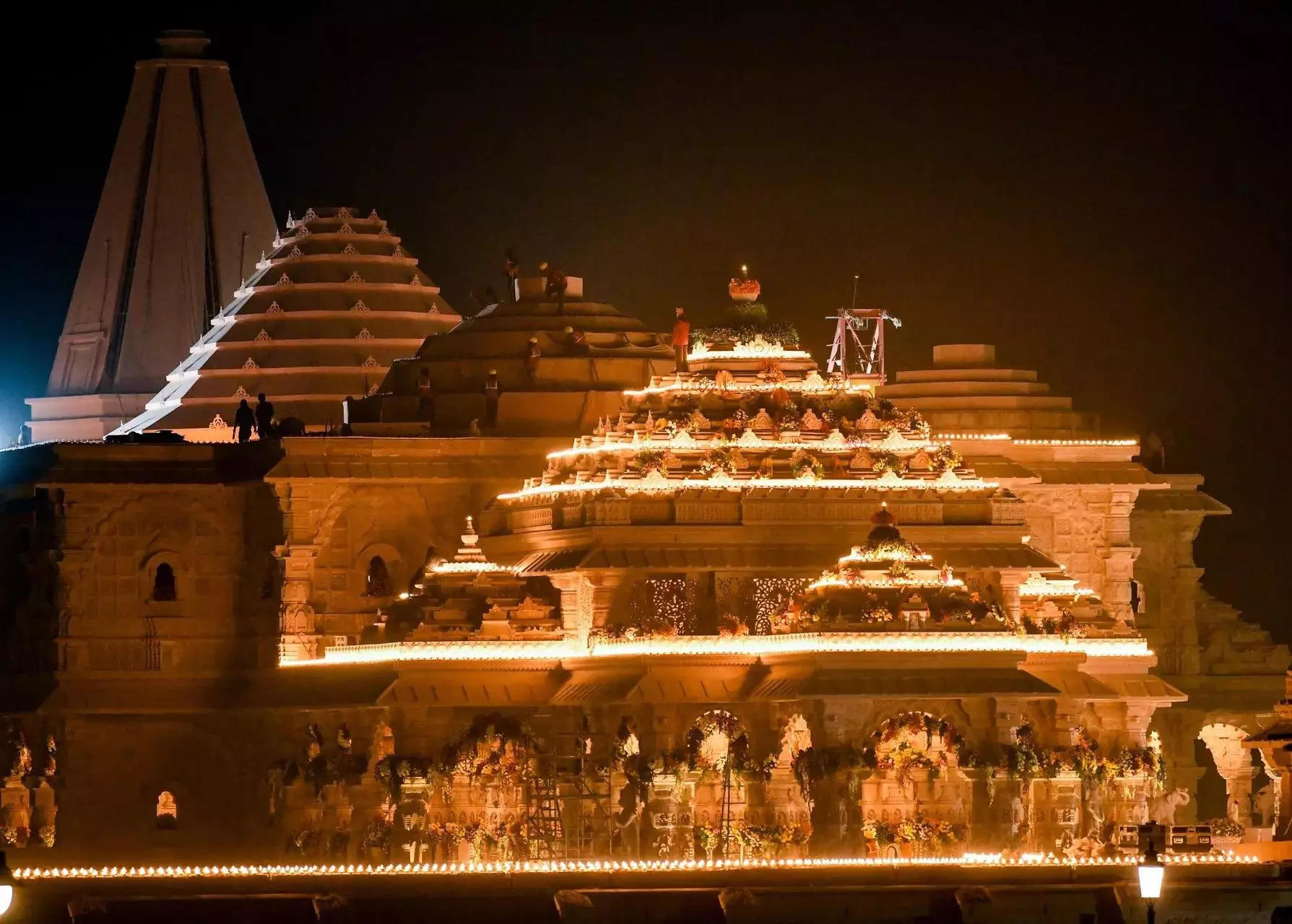 <p>An illuminated view of Ram Mandir premises</p>
