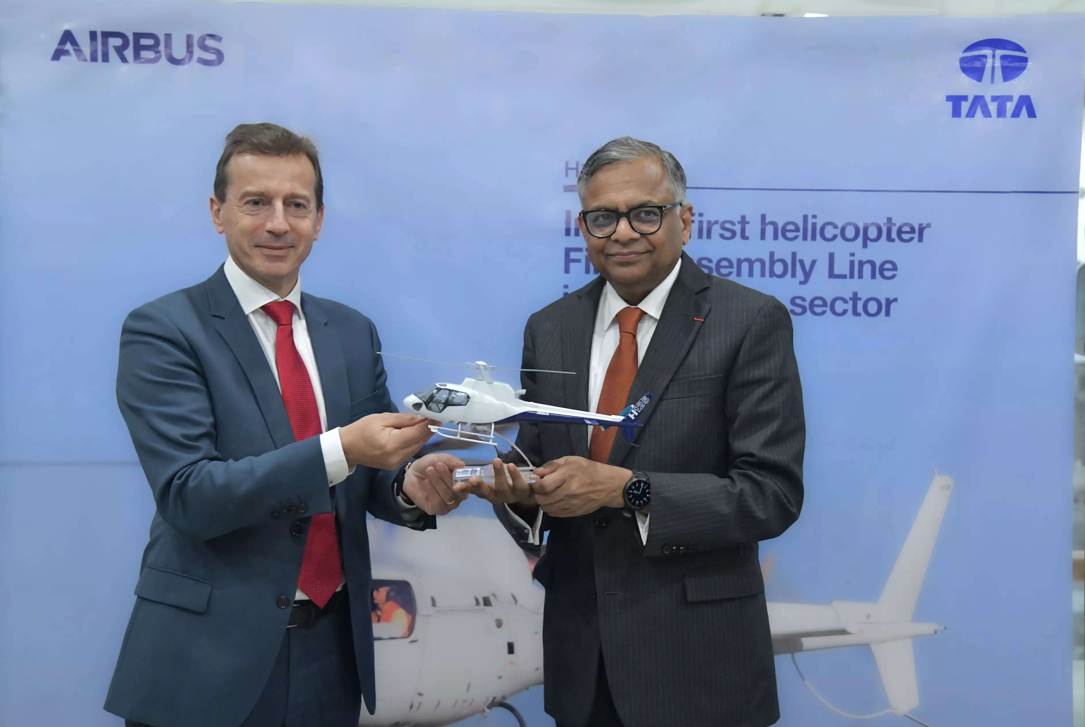 <p>Guillaume Faury, CEO of Airbus, presenting an H125 helicopter model to N. Chandrasekaran, Chairman of <span class="il">Tata</span> Sons, in New Delhi on January 26, 2024. In a major boost to 'Make in India', Airbus Helicopters has announced that it is partnering with the <span class="il">Tata</span> Group to establish a Final Assembly Line (FAL) for helicopters in the country. The FAL will produce Airbus' best-selling H125 helicopter from its civil range for India and export to some of the neighbouring countries.</p>
