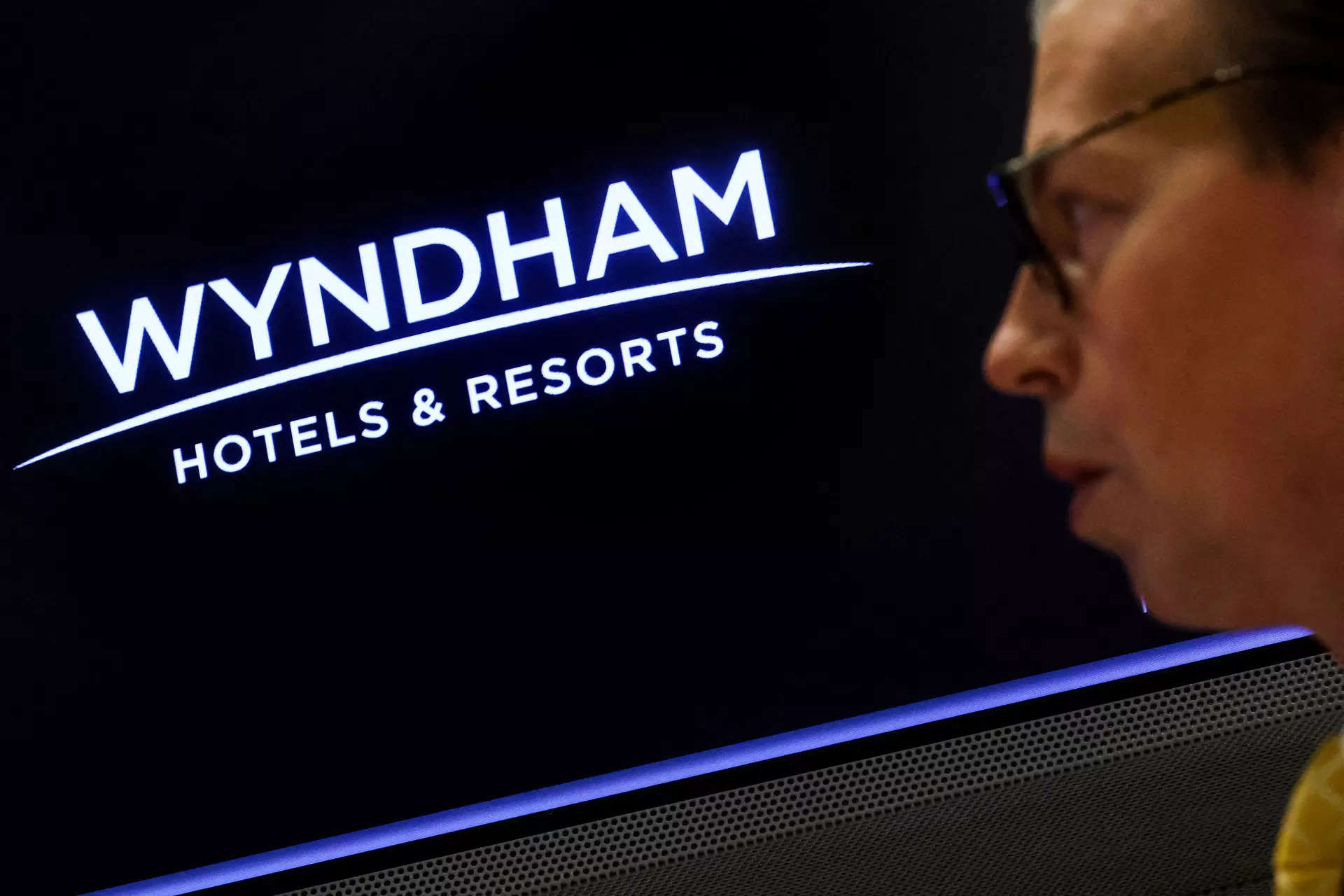 <p>A screen displays the logo for Wyndham Hotels & Resorts, Inc. at the New York Stock Exchange (NYSE) in New York City, U.S., June 5, 2023.  REUTERS/Brendan McDermid/File Photo</p>