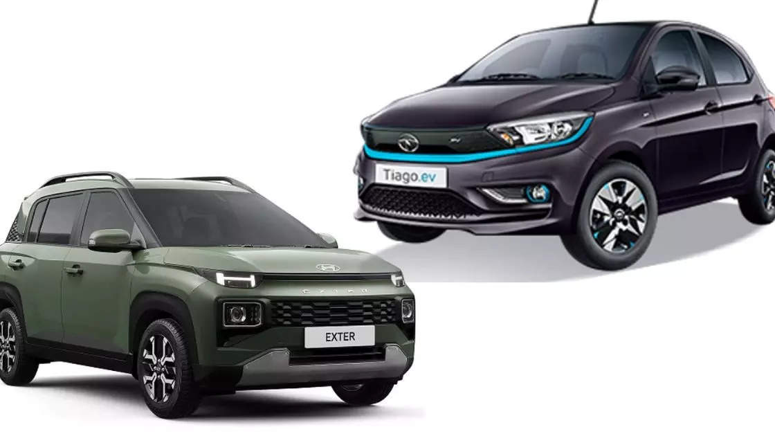 <p>The Hyundai Exter car uses the new boxy design language appropriate for a micro-SUV, while the Tiago electric vehicle comes with a clean and contemporary look.</p>