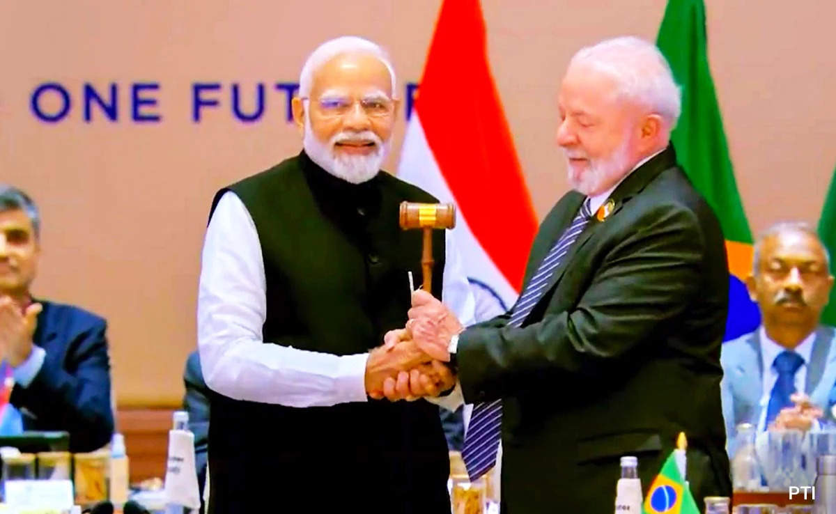 <p>Brazilian President Luiz Inacio Lula da Silva received the ceremonial gavel from Prime Minister Narendra Modi during the G20 summit in New Delhi in September 2023.</p>