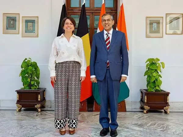 <p>Pavan Kapoor, Secretary (West), Ministry of External Affairs and Theodora Gentzis, President of the Board, Belgian Federal Public Service Foreign Affairs during the meeting in New Delhi on Wednesday.</p>