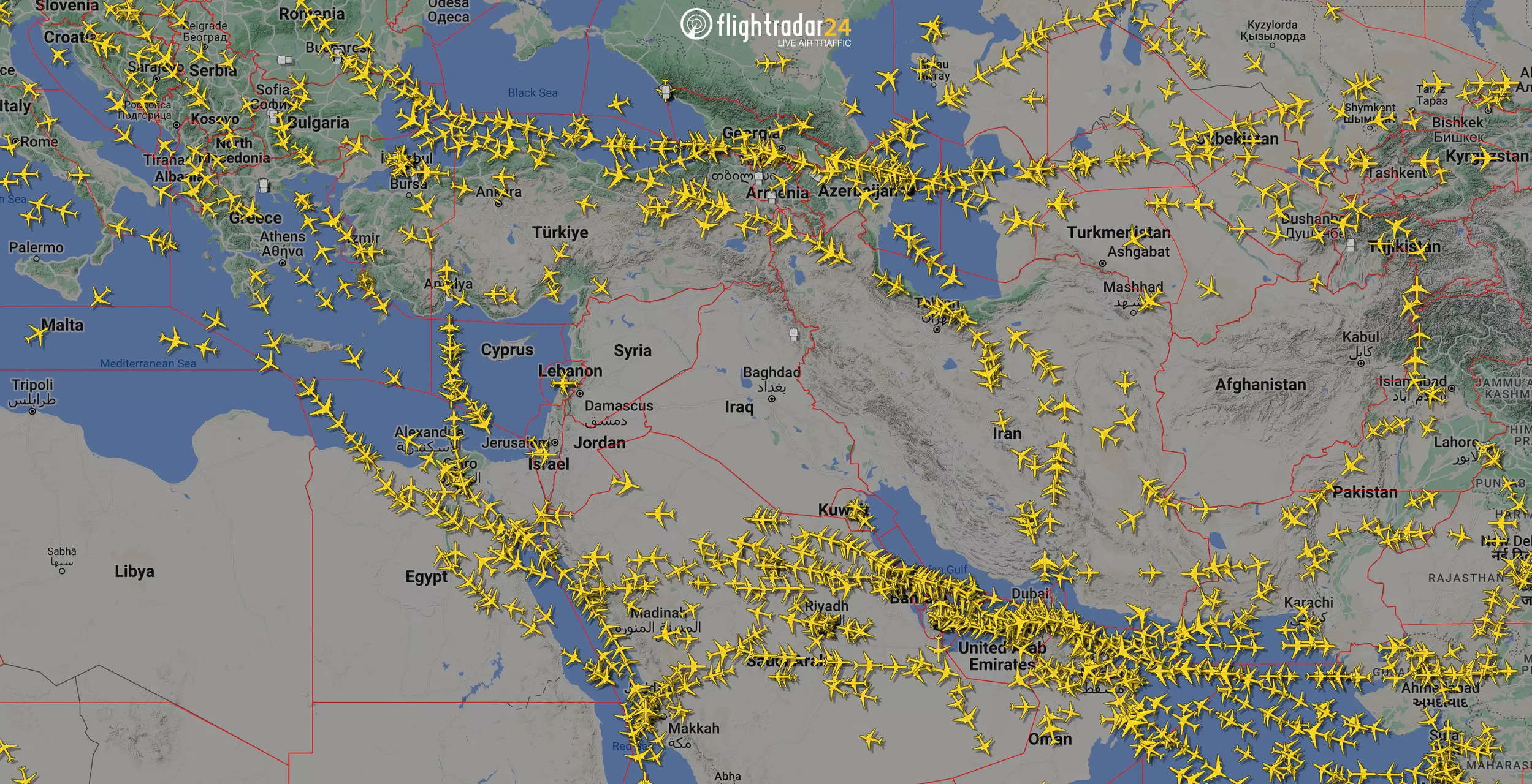 <p>A graphical representation of air traffic shows airspace over Iran and the neighbouring Middle East at 0000 GMT, April 14, 2024. Flightradar24.Com/Handout via REUTERS</p>
