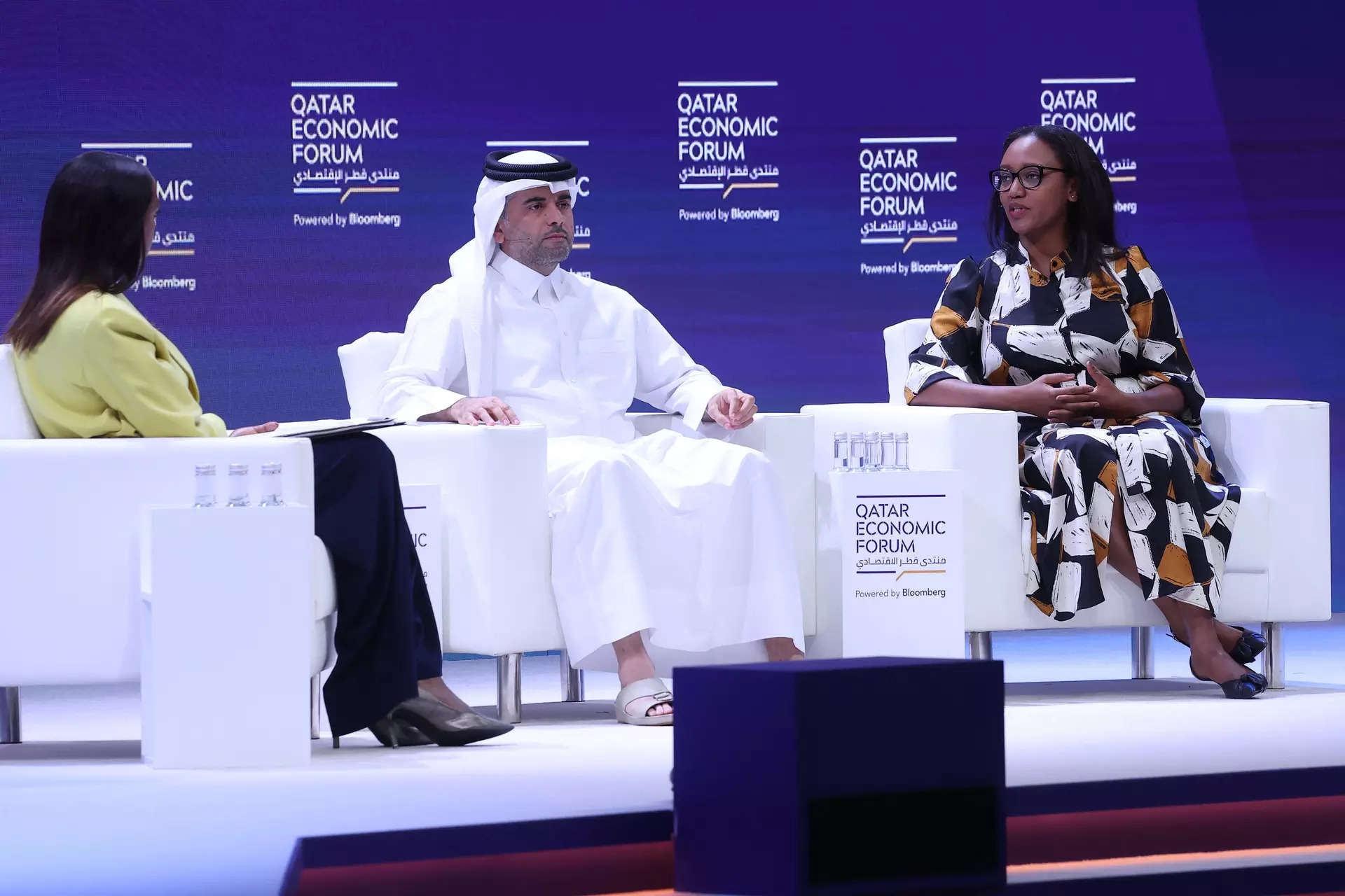 </p>
<p>Qatar Airways CEO Badr Mohammed al-Meer (C) and RwandAir CEO Yvonne Makolo (R) participate in a discussion at the Qatar Economic Forum in Doha on May 15, 2024.</p>
<p>