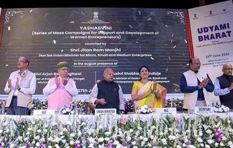<p>Union Minister for MSME Jitan Ram Manjhi along with Minister of State (IC) for Law and Justice, Arjun Ram Meghwal, and MoS for MSME, Sushri Shobha Karandlaje, during an event of International MSME Day ‘Udyami Bharat’ in New Delhi, on Thursday.</p>