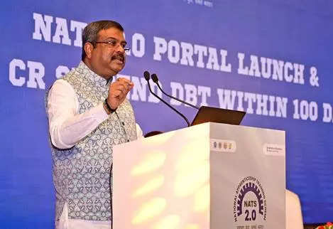 <p>Union Minister for Education Dharmendra Pradhan speaks after launching NATS 2.0 portal in New Delhi on Tuesday.</p>