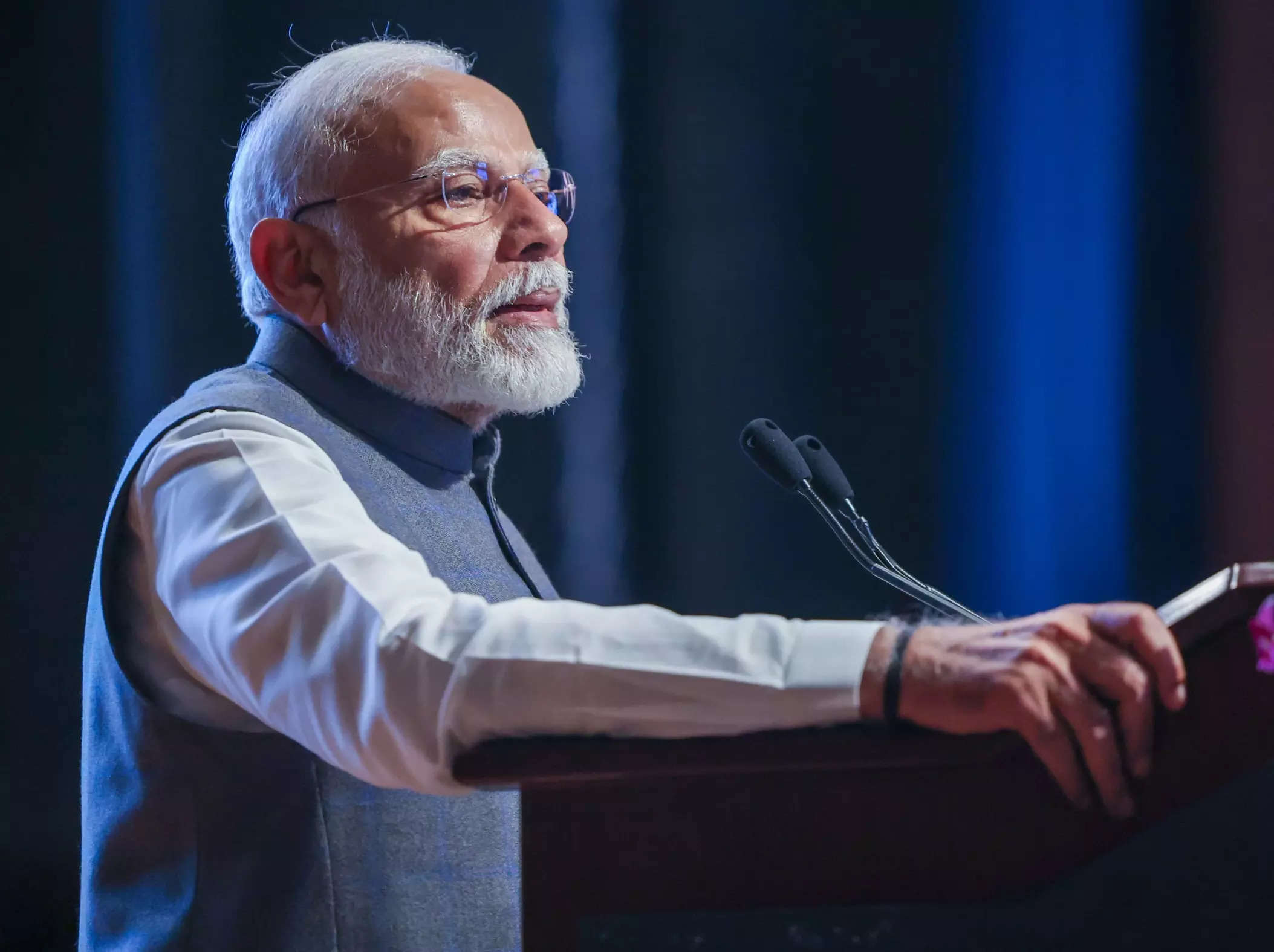 <p>PM Modi addresses at the inauguration of the 32nd International Conference of Agricultural Economists (ICAE) at National Agricultural Science Centre (NASC) Complex in New Delhi on Saturday.</p>