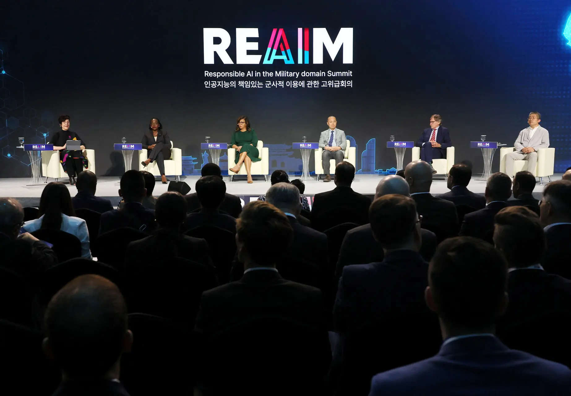 <p>Speakers including Dr. Radha Plumb, Chief Digital and Artificial Intelligence Officer, U.S. Department of Defense (third from left), discuss responsible AI use in a plenary session at the Responsible AI in the Military domain (REAIM) summit in Seoul, South Korea, September 9, 2024.   Yonhap via REUTERS</p>