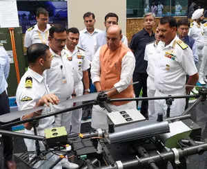 <p>Defence minister Rajnath Singh goes through a Tech Demo organised as part of the Naval Commanders’ Conference ‘24 in New Delhi on Thursday.</p>