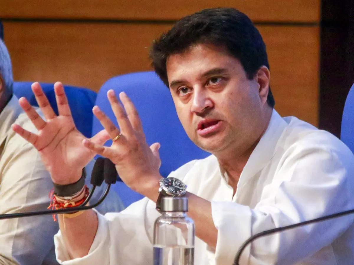 <p>Union Minister for Communications Jyotiraditya Scindia addresses a press conference in New Delhi on Monday.</p>