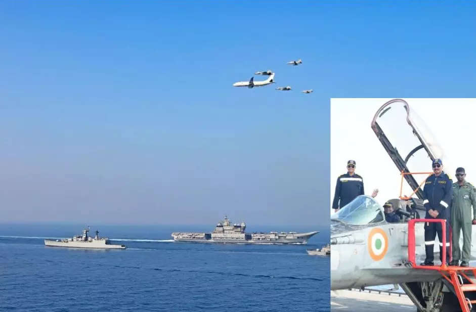 <p>President Droupadi Murmu witnesses the operational demonstration by the Indian Navy at sea onboard INS Vikrant, off Goa on Thursday.</p>