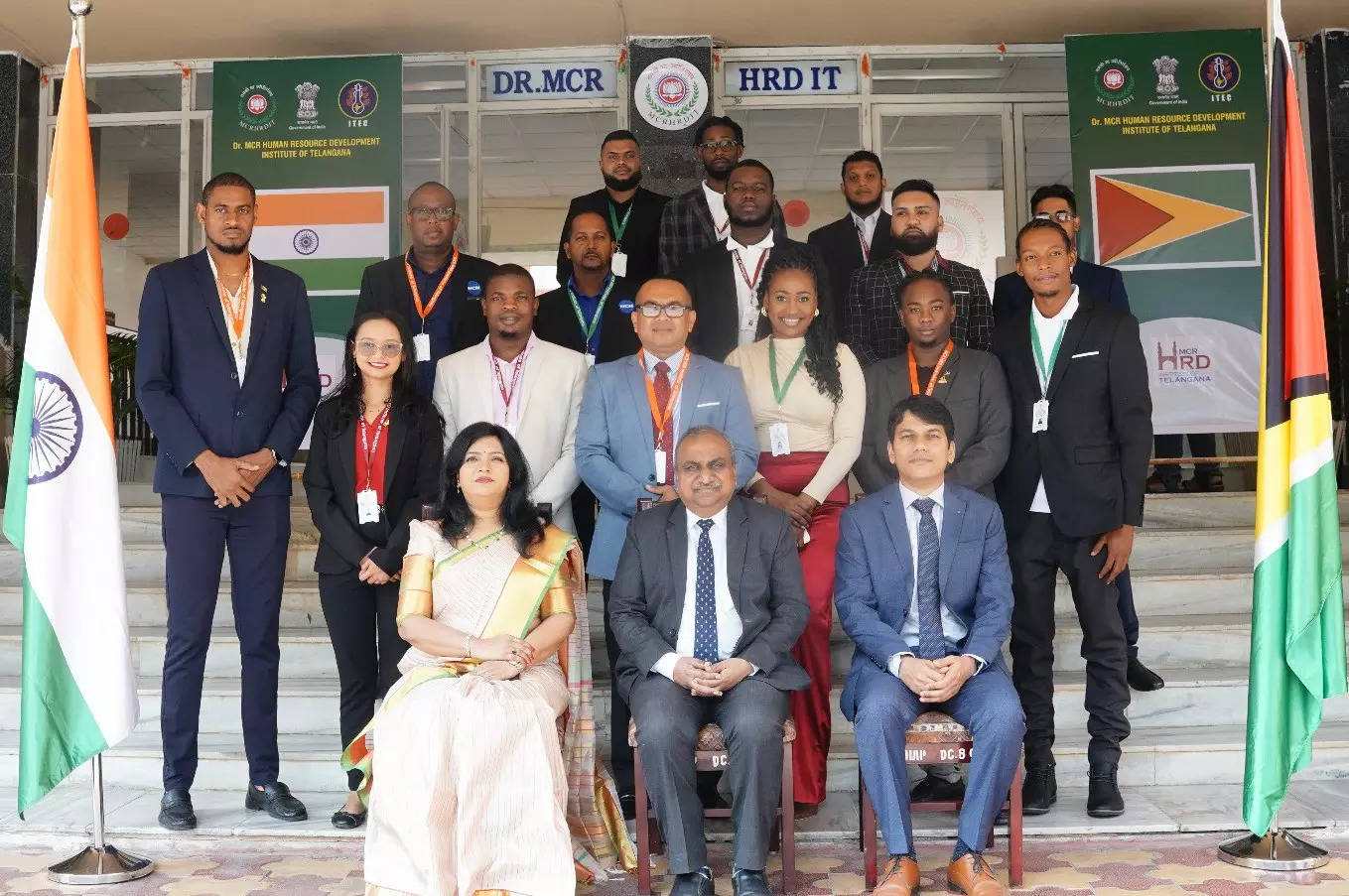 <p>Dr Shashank Goel, Director General, Dr MCR HRD Institute Hyderabad, Rohan Singh, Officer on Special Duty in the Ministry of External Affairs and Dr Madhavi Ravulapati with participants from Guyana.</p>