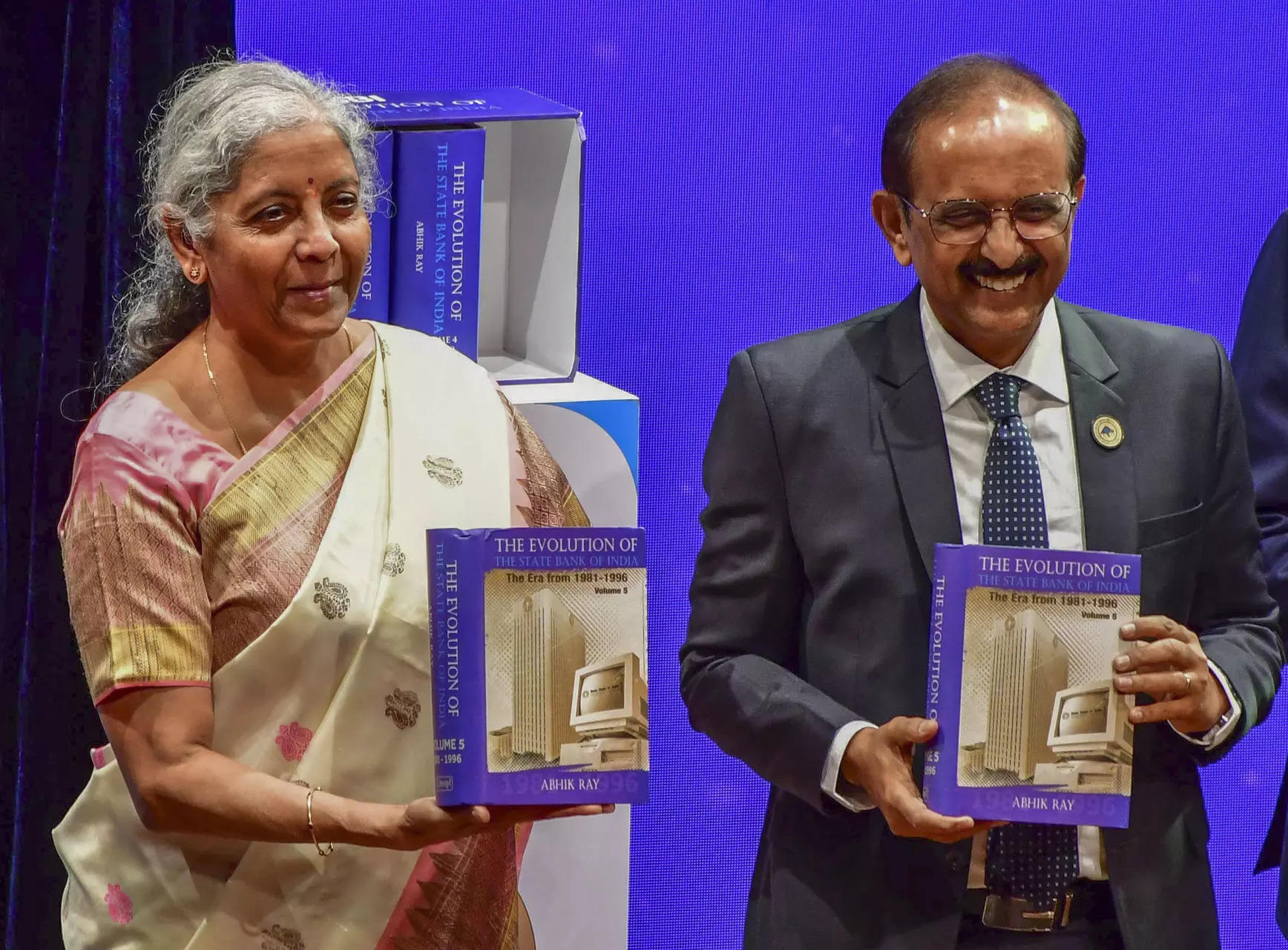 <p>Union Finance Minister Nirmala Sitharaman with SBI Chairman CS Setty during centenary celebration of the main branch of State Bank of India (SBI Horniman branch) at NCPA, in Mumbai. (PTI Photo) </p>