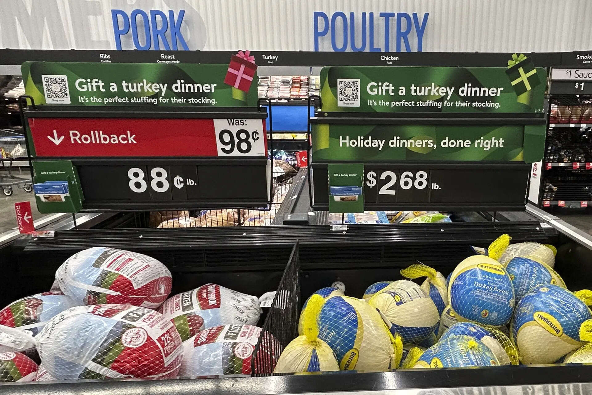 <p>Frozen turkey is displayed at a Walmart store in Secaucus, N.J., on Wednesday, Nov. 13, 2024. (AP Photo/Anne D'Innocenzio)</p>
