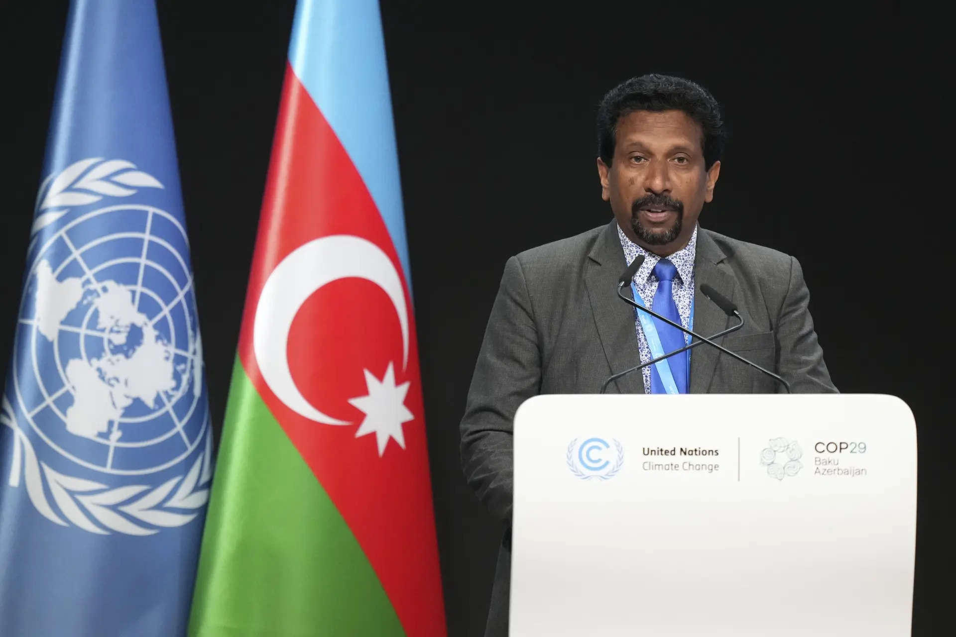 <p>Sri Lanka Environment Ministry's Additional Secretary Sunimal Jayathunga speaks during a plenary session at the COP29 U.N. Climate Summit, Wednesday, Nov. 20, 2024, in Baku, Azerbaijan. (AP Photo/Sergei Grits)</p>