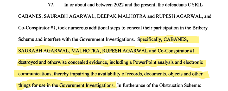 <p>The Indictment Order in United States of America v. Gautam Adani and seven others read regarding destruction and conclealment of evidence. </p>