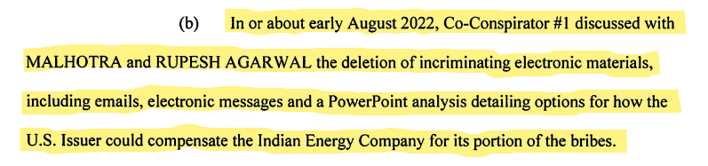 <p>The Indictment Order in United States of America v. Gautam Adani and seven others detailing regarding the obstruction scheme.</p>