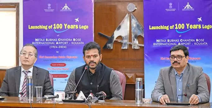 <p>Union Minister for Civil Aviation Kinjarapu Rammohan Naidu along with Secretary Vumlunmang Vualnam, and Chairman AAI Vipin Kumar during the launch of the centenary celebrations logo of Netaji Subhas Chandra Bose International Airport, Kolkata on Friday</p>