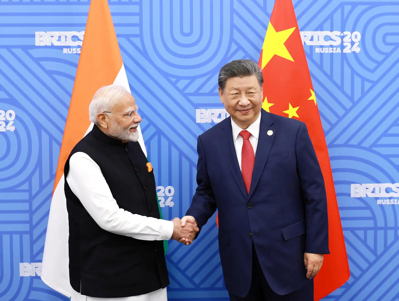 <p>Chinese President Xi Jinping and India Prime Minister Narendra Modi meet on the sidelines of the BRICS summit in Kazan, Russia October 23, 2024. </p>