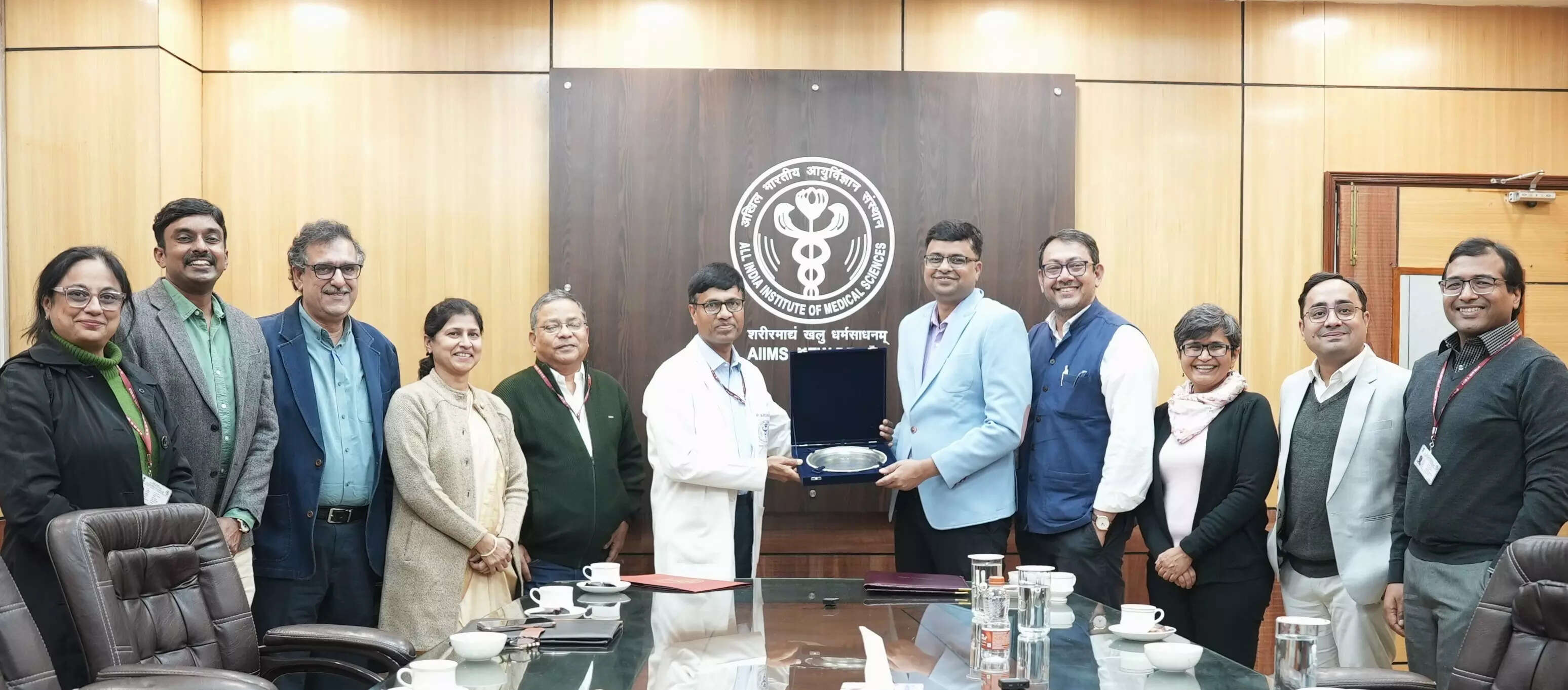 <p>Dr M. Srinivas, Director, AIIMS, New Delhi and Dr Gaurav, Chief Executive Officer, Blockchain For Impact (BFI) along with key dignitaries during the MoU exchange on Friday.</p>