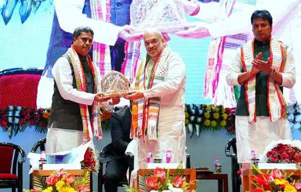 <p>Union Minister for Home and Cooperation Amit Shah during the launch of various initiatives to strengthen the cooperative sector in Tripura on Sunday.</p>