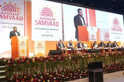 <p>S. Krishnan, Secretary, MeitY, addresses Aadhaar Samvaad in Mumbai on Monday.</p>