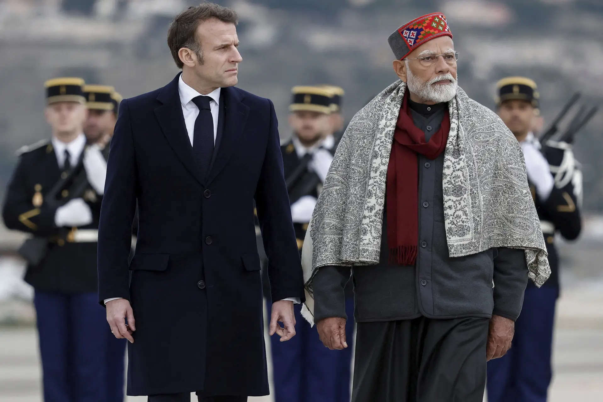 <p>French President Emmanuel Macron, left, and Indian Prime Minister Narendra Modi attend a departure ceremony at Marseille Provence airport in Marignane as part of a visit in Marseille, France</p>