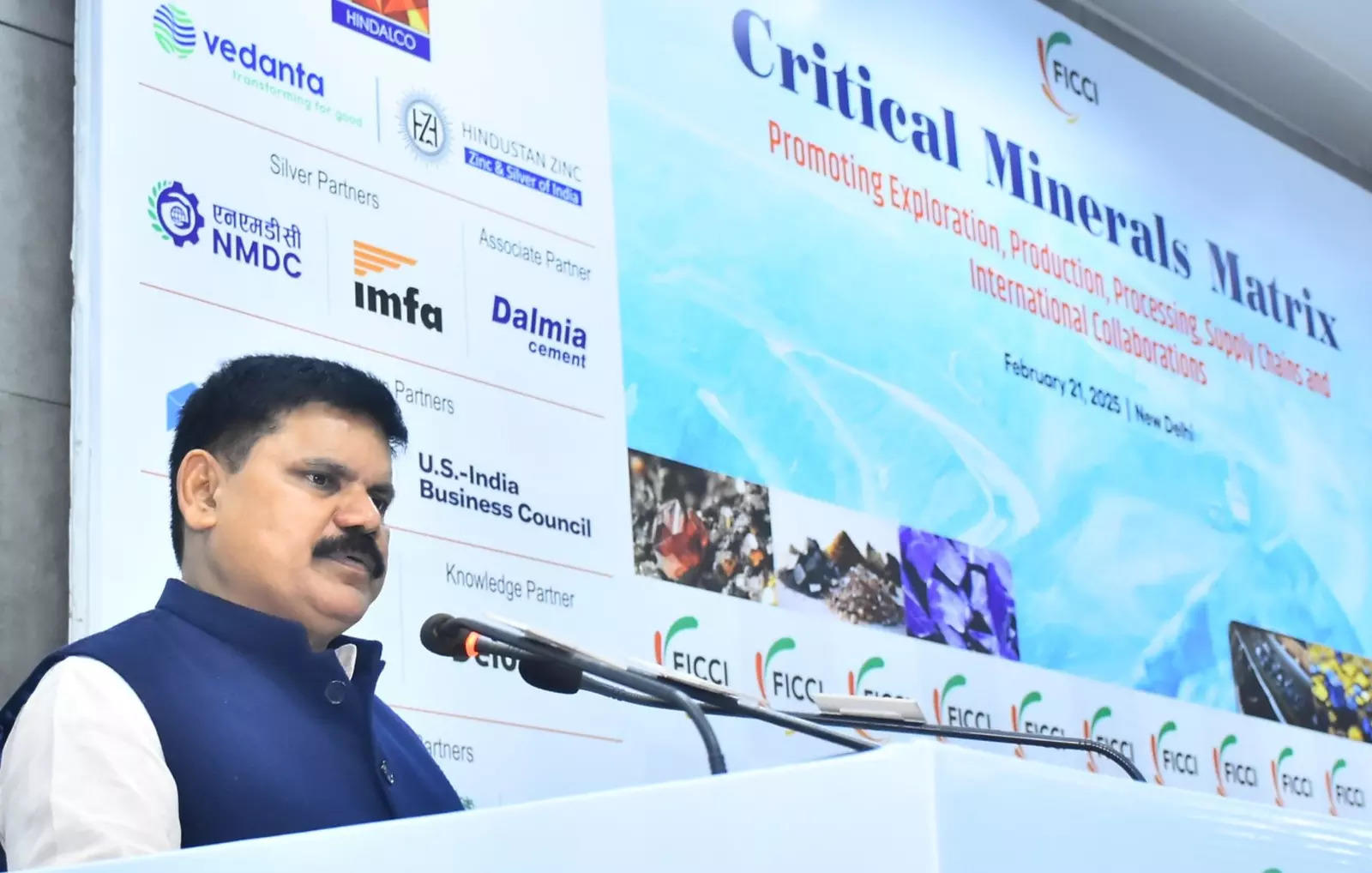 <p>Union Minister of State for Mines and Coal Satish Chandra Dubey speaks a FICCI conference on Critical Minerals Matrix in Mumbai on Friday.</p>