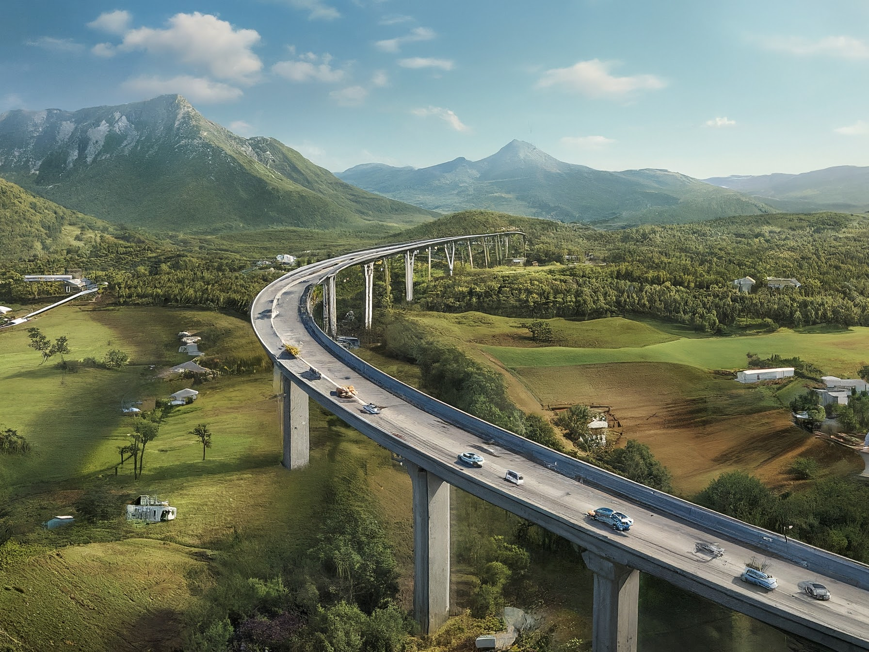 <p>I see a modern elevated highway and high-speed train traversing the vibrant South Gujarat landscape, blending seamlessly with traditional homes and the Sahyadri foothills.</p>
