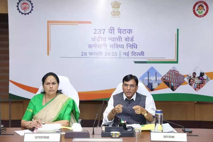 <p>Union Minister for Labour & Employment Dr Mansukh Mandaviya, Secretary, Labour & Employment, Sumita Dawra, during the 237th meeting of Central Board of Trustees (CBT), EPF in New Delhi on Friday.<br></p>