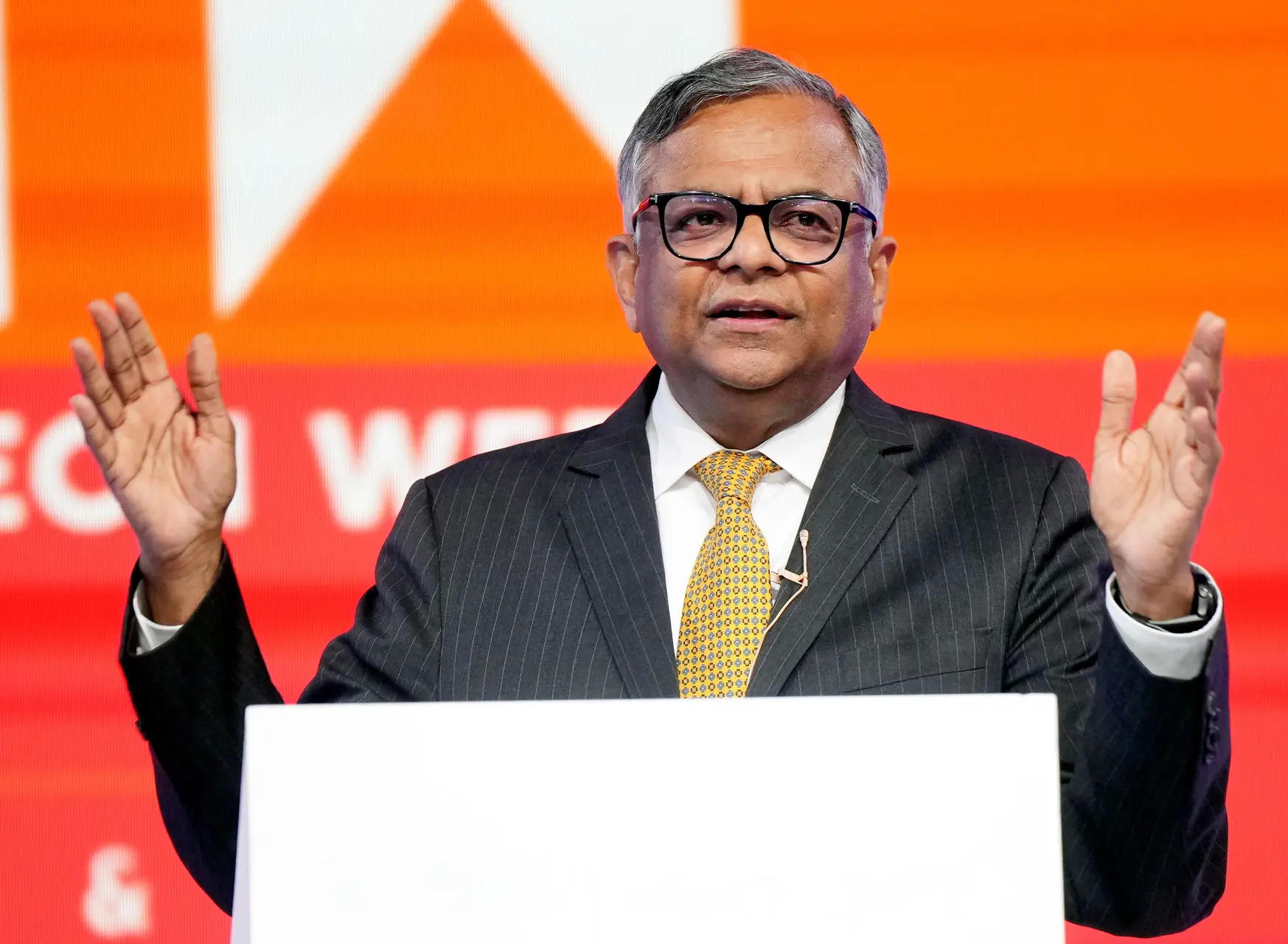 <p>Mumbai: Tata Sons Chairman N Chandrasekaran speaks during the Mumbai Tech Week event, in Mumbai.  (PTI Photo/Shashank Parade)</p>