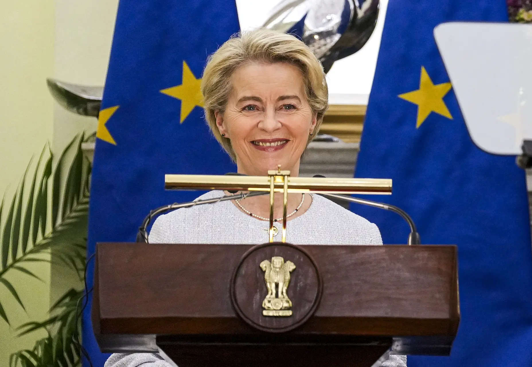 <p>President of the European Commission Ursula von der Leyen delivering a joint statement with Prime Minister Narendra Modi (not in frame) after a meeting, at the Hyderabad House in New Delhi on Friday. (PTI Photo/Kamal Singh)</p>