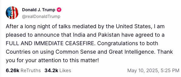 President Trump’s announcement came via his official social media account, where he claimed personal credit for defusing the standoff between the two nuclear-armed neighbors.