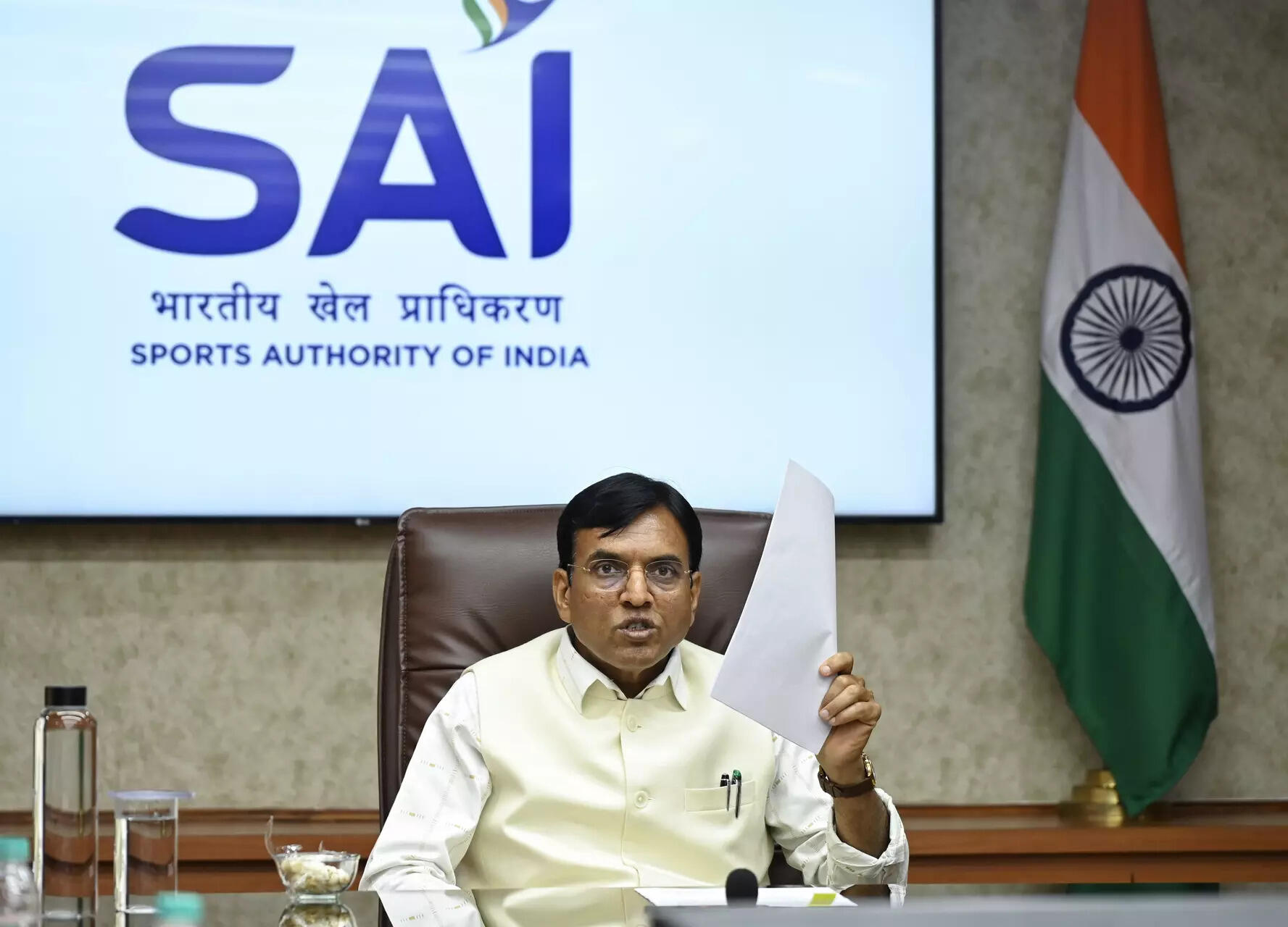 <p>Union Minister of Youth Affairs and Sports Mansukh Mandaviya addresses a press conference at the Sports Authority of India (SAI) Head Office, in New Delhi on Thursday. (ANI Photo)</p>