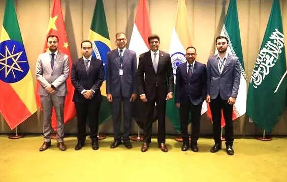 <p>Dr Pemmasani Chandra Sekhar, Minister of State for Communications and Rural Development, with other leaders at the 11th BRICS Communications Ministers’ Meeting in Brasilia, Brazil, on Tuesday</p>