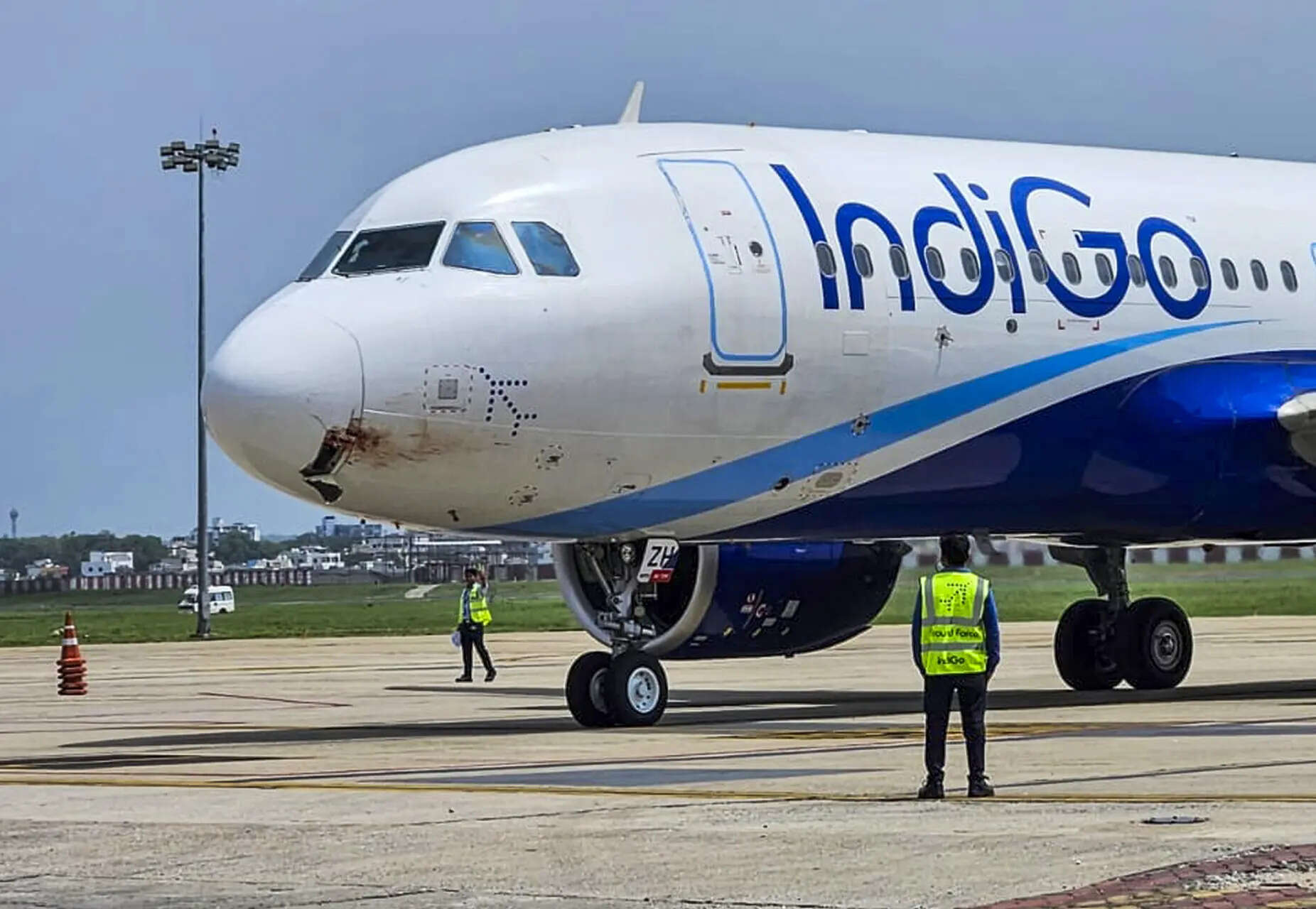 <p>Ranchi: Damaged nose of an IndiGo aircraft after a bird strike during takeoff at Birsa Munda Airport, in Ranchi. </p>
