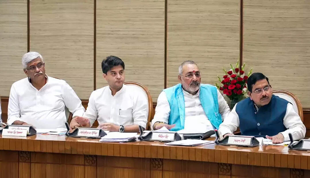 <p>New Delhi, May 07 (ANI): Union Ministers Prahlad Joshi, Jyotiraditya Scindia, Gajendra Singh Shekhawat and Giriraj Singh during a Union cabinet meeting chaired by Prime Minister Narendra Modi, in New Delhi on Wednesday. (ANI Photo)</p>