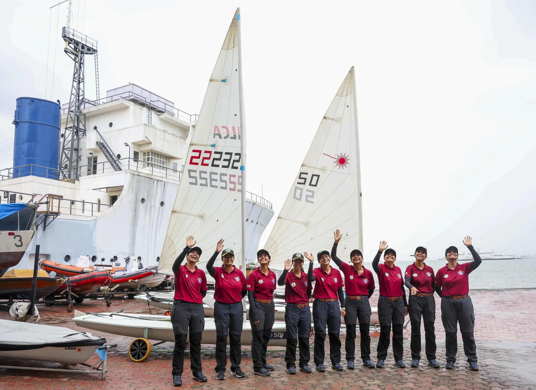 <p>Members of the tri-services team that carried out the 'Samudra Pradakshina', an all-women sailing expedition from Mumbai to Seychelles and back, during the team's flagging-in ceremony, in Mumbai. (PTI Photo)</p>