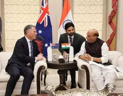 <p>Defence Minister Rajnath Singh holds bilateral talks with Australian Deputy Prime Minister and Defence Minister Richard Marles in New Delhi on Wednesday</p>