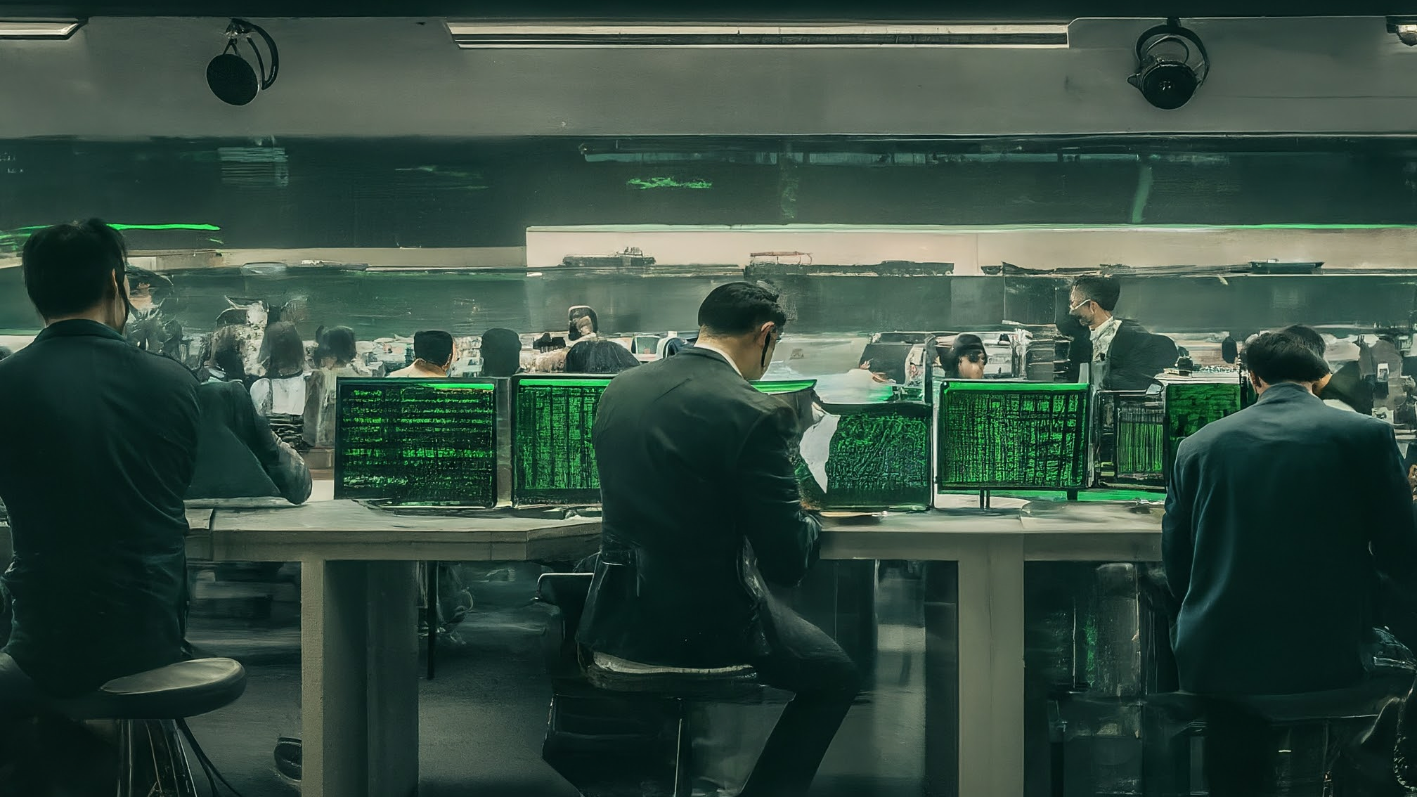 <p>I see traders actively monitoring rising stock charts and financial news on a busy, brightly lit exchange floor. The atmosphere is energetic and optimistic.</p>
