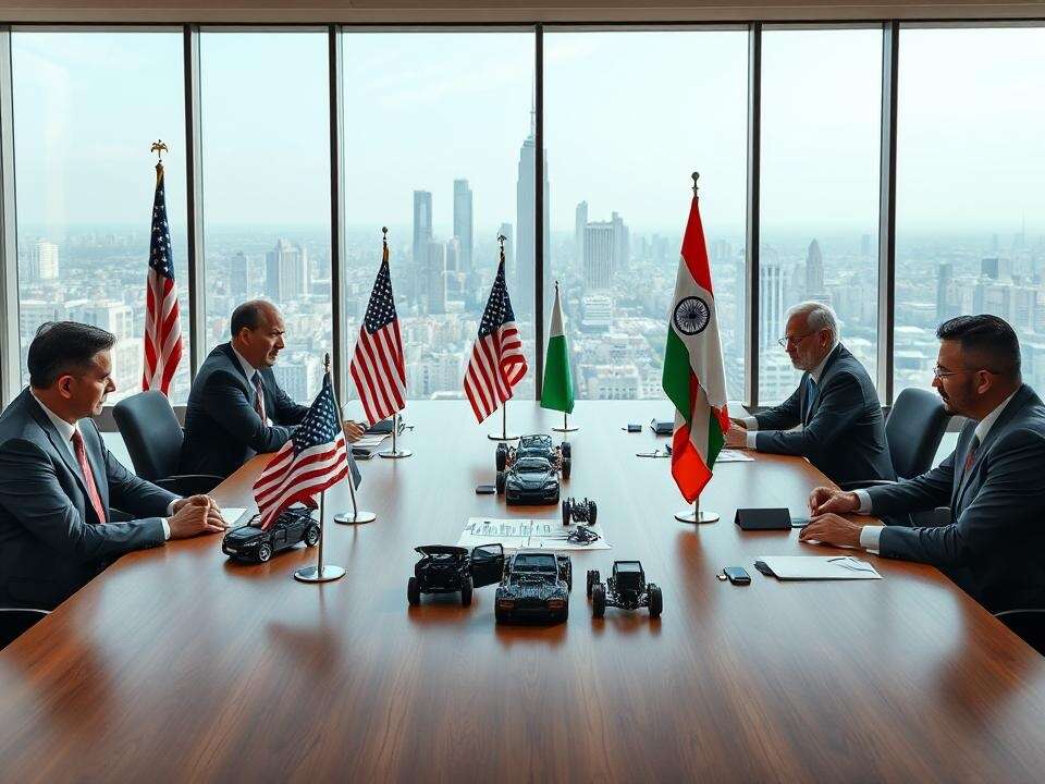 <p>I observe US and Indian delegates discussing automobile and parts tariffs. Scale models and documents lay on the table, emphasizing the negotiation's focus.</p>