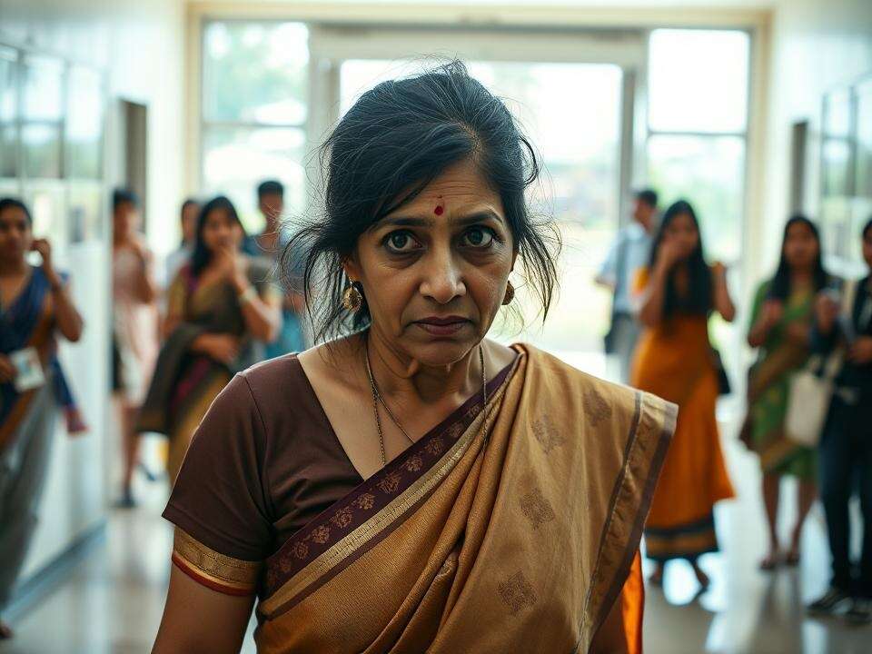 <p>An Indian female teacher entering a school in an inebriated state, causing chaos among staff and students</p>