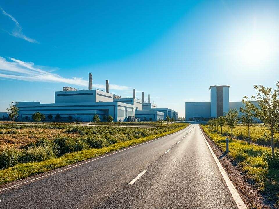 <p>I see a cluster of advanced factories along a tree-lined road. The architecture is striking, and the landscaping is lush. Sunlight creates long shadows.</p>