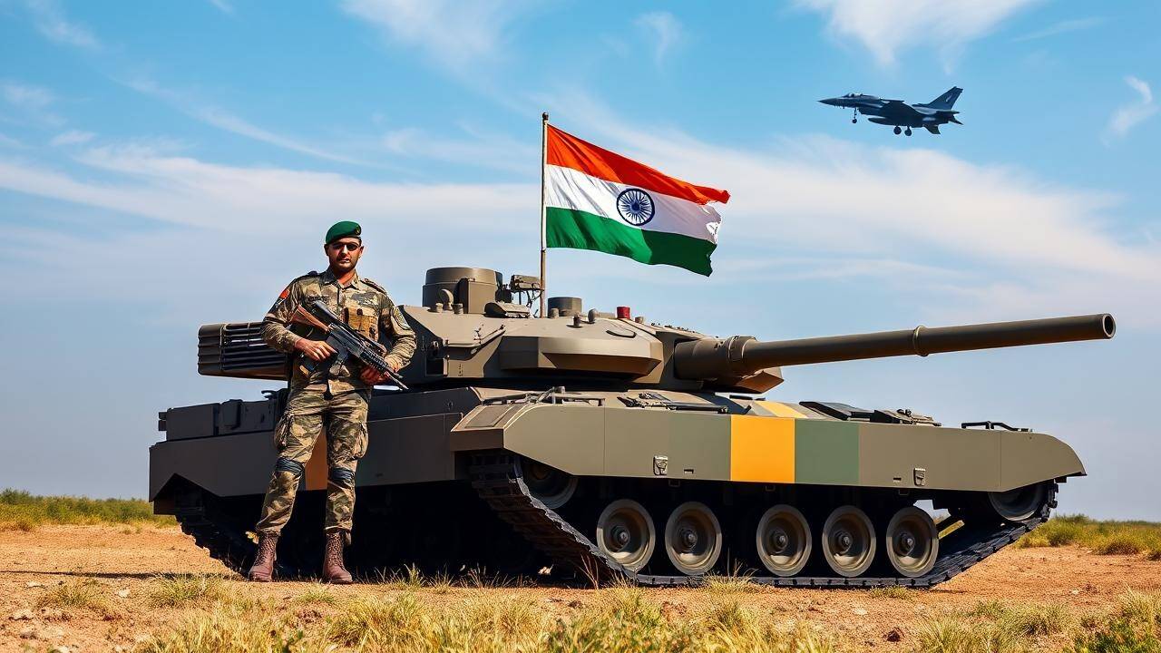 <p>Arjun Mk-2 tank and soldier upholding India's flag</p>