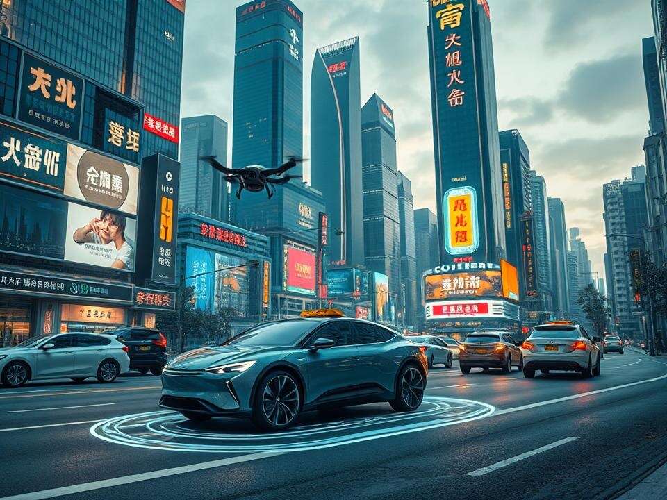 I see sleek electric cars and flying taxis navigate a bustling cityscape, guided by holographic projections and advanced assisted-driving technology.