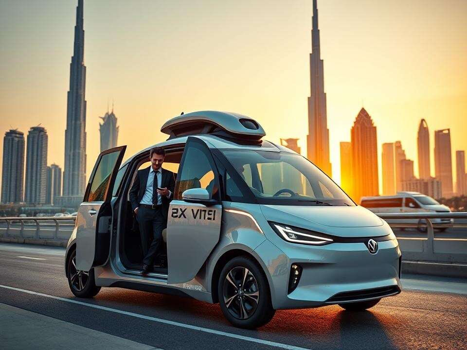 I observe a futuristic autonomous taxi awaiting passengers against the backdrop of Dubai's sunset skyline.